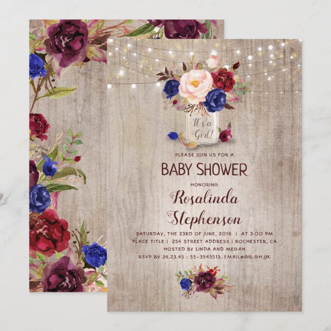 Radiant Floral Mason Jar Rustic Baby Shower Invitation (Front/Back)