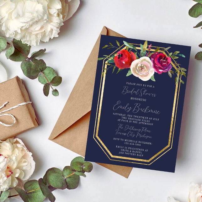 Radiant Floral Navy Blue Burgundy Bridal Shower Invitation (Creator Uploaded)