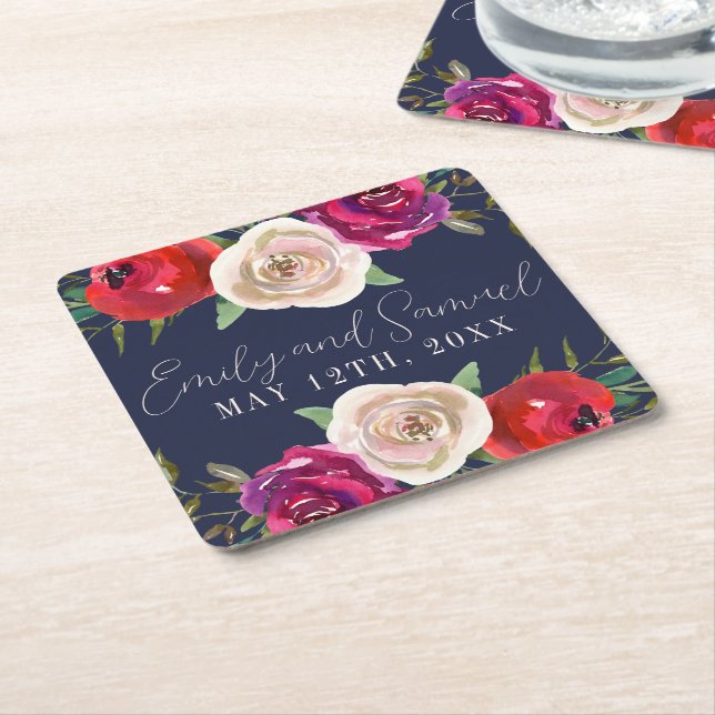 Radiant Floral Navy Blue Burgundy Red Square Paper Coaster (Angled)