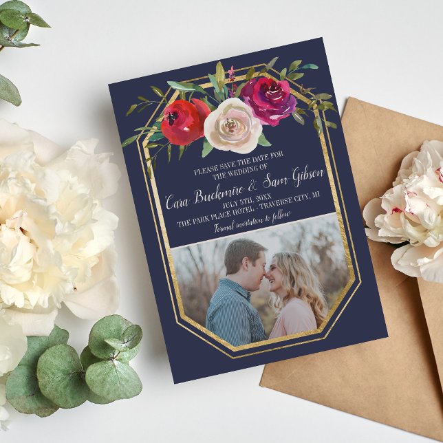 Radiant Floral Navy Blue Burgundy Red Wedding Save The Date (Creator Uploaded)