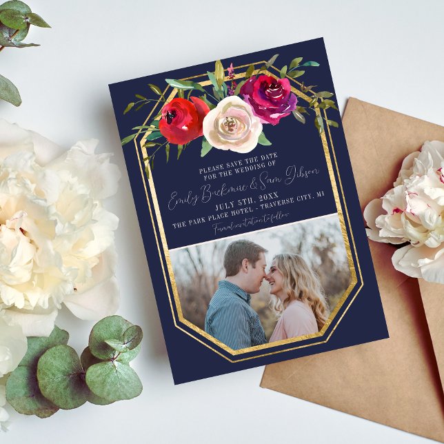 Radiant Floral Navy Blue Burgundy Red Wedding Save The Date (Creator Uploaded)