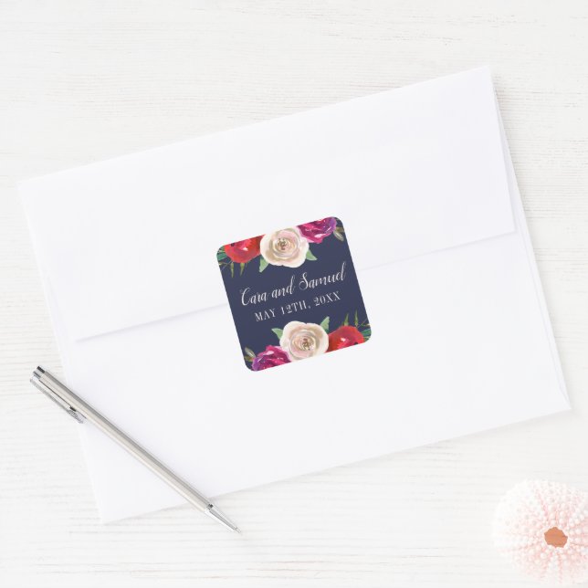 Radiant Floral Navy Blue Burgundy Red Wedding Square Sticker (Envelope)