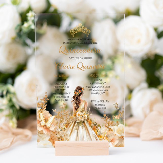 Radiant Floral Princess Tiara Gold Quinceanera  Acrylic Invitations (Creator Uploaded)