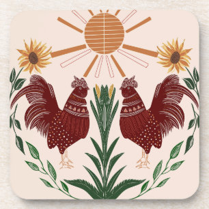 Radiant Folk Art Rooster - Sunny Symmetry Design Coaster