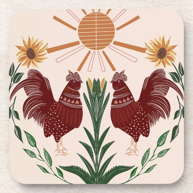 Radiant Folk Art Rooster - Sunny Symmetry Design Coaster (Front)