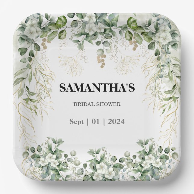 Radiant Garden: Gold-Touched Bridal Shower Paper Plate (Front)