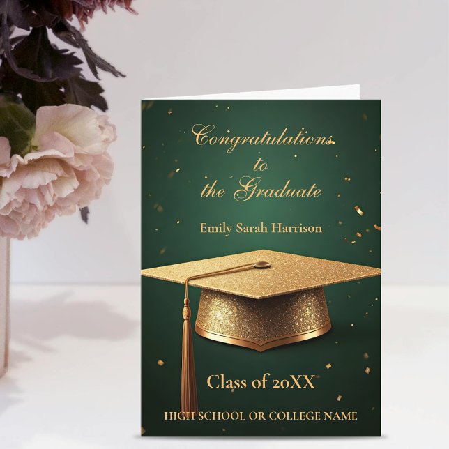 Radiant Glittery Gold Graduation Cap on Green Card (Creator Uploaded)