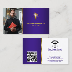 Radiant Gold Cross Pastor Photo Royal Purple Business Card