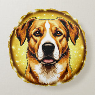 Radiant Golden Dog Face Luxury Pet Lover Décor Round Cushion
