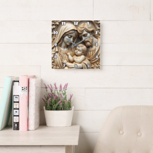 Radiant Golden Holy Family Relief Square Wall Clock