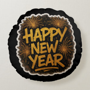 Radiant Graffiti-Style Happy New Year Explosion Round Cushion