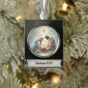 Radiant Holy Family Nativity Scene Silver Plated Banner Ornament