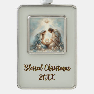 Radiant Holy Family Nativity Scene Silver Plated Framed Ornament