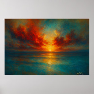 Radiant Horizon Fiery Sunset Over Tranquil Sea Poster