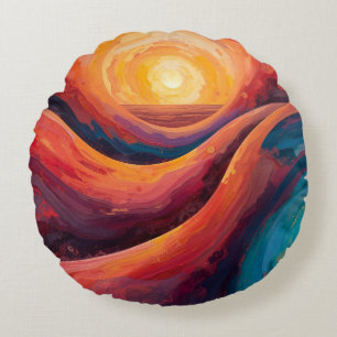 Radiant Horizon – Vibrant Abstract Sunset Painting Round Cushion