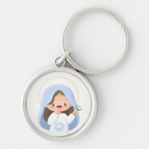 Radiant Kawaii Virgin Mary Holding Flower – White Key Ring