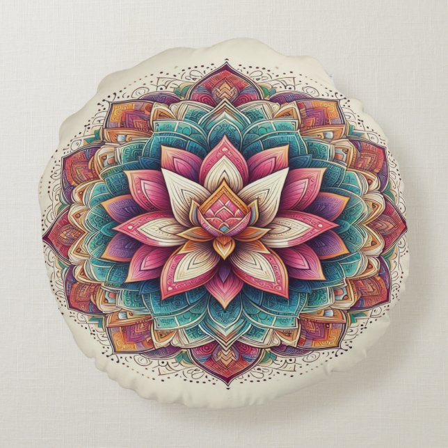 Radiant Lotus Mandala: Blooming Serenity Round Cushion (Back)