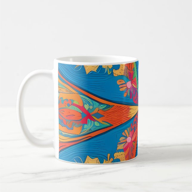 Radiant Mandala: Vibrant Symmetrical Fantasy Art Coffee Mug (Left)