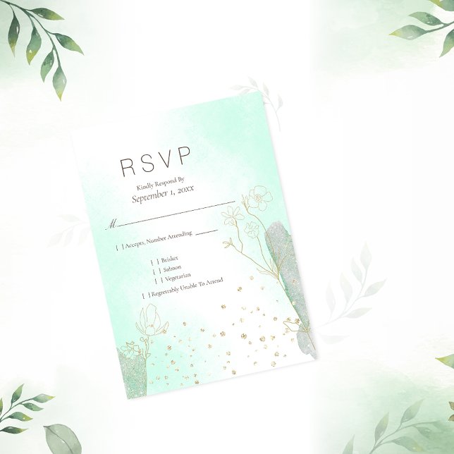 Radiant Mint Green Botanical Glitter RSVP Wedding Card (Creator Uploaded)
