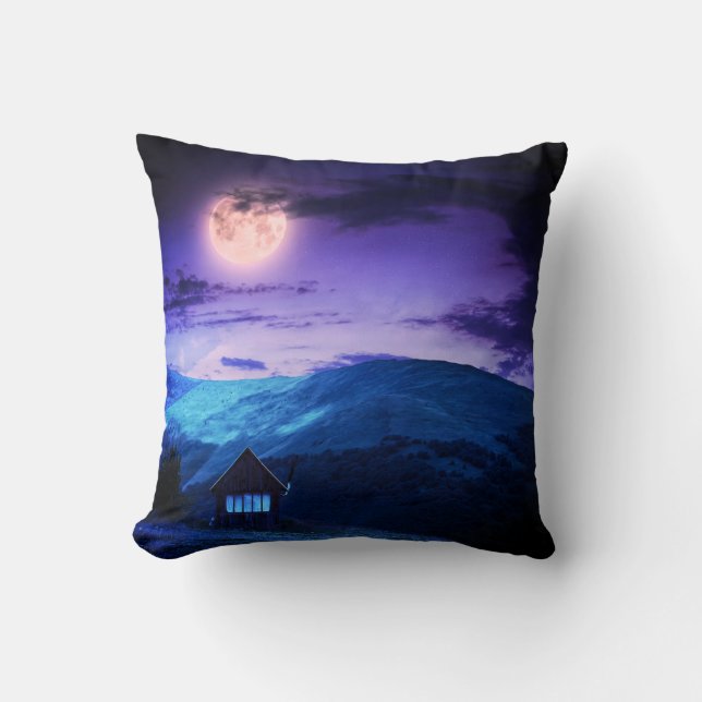 Radiant Moonlit Mountain Scene Cushion (Front)