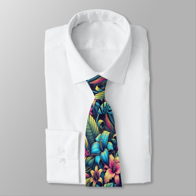 Radiant Neon Flowers Bloom in Vivid Colours Tie (Tied)