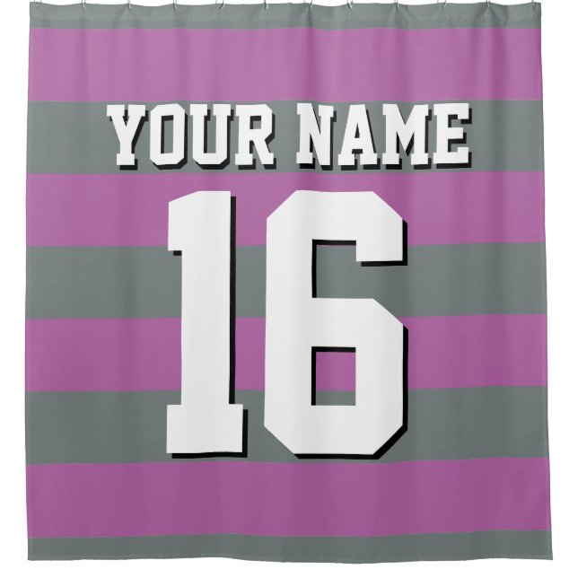 Radiant Orchid Charcoal Sports Jersey Stripe Shower Curtain (Front)