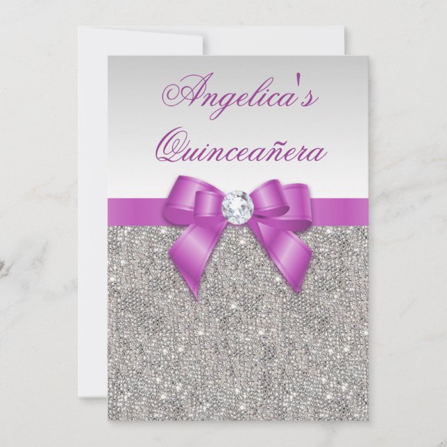 Radiant Orchid Quinceañera Silver Sequins Bow Invitation (Front)