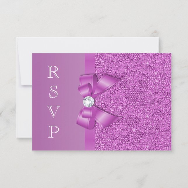 Radiant Orchid Sequins, Bow & Diamond RSVP Wedding Card (Front)