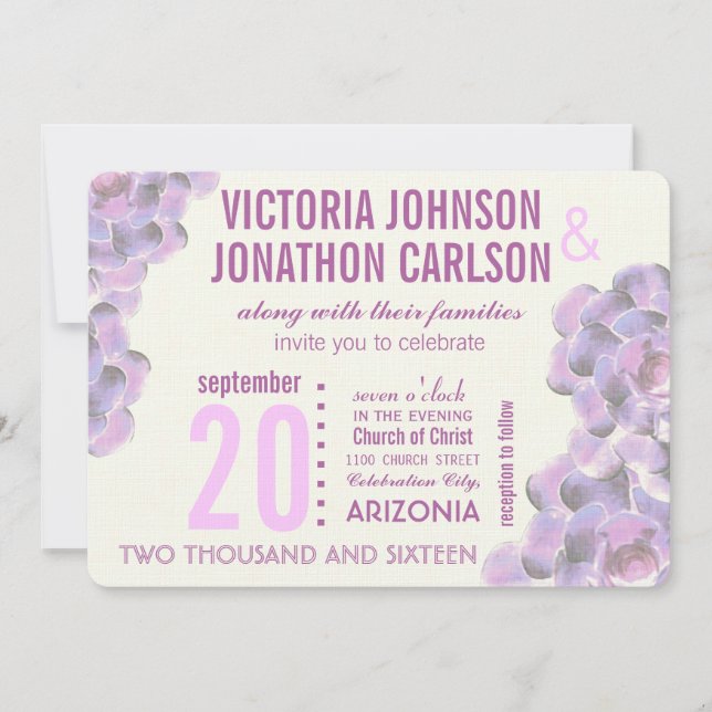 Radiant Orchid Succulent Modern Typography Wedding Invitation (Front)
