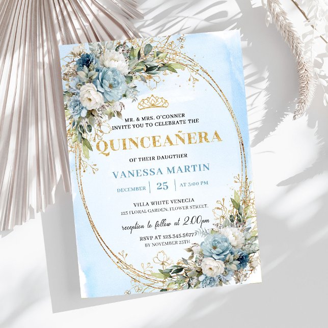 Radiant Pastel Blue Gold Eucalyptus Quinceañera  Invitation (Radiant Pastel Blue Gold Eucalyptus Quinceañera Invite

)