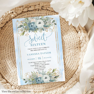 Radiant Pastel Blue White Peonies Sweet 16 Invite