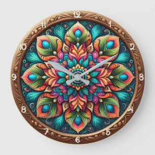 Radiant Peacock Feather Mandala Large Clock