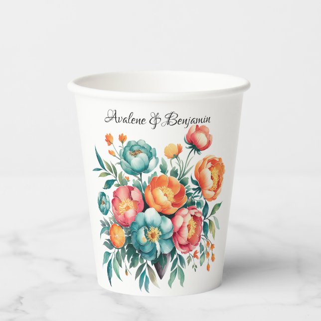 Radiant Peony Bouquet Wedding Paper Cups (Front)