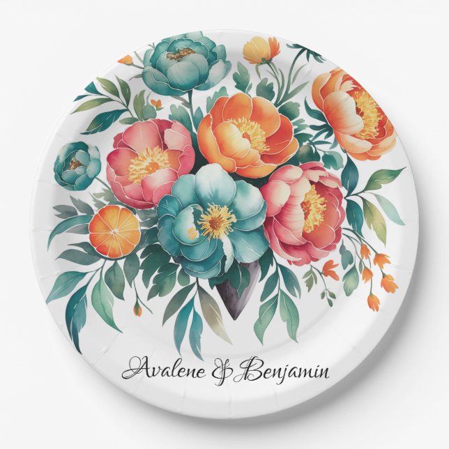 Radiant Peony Bouquet Wedding Paper Plate (Front)