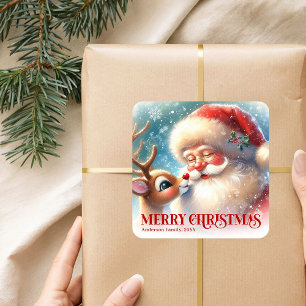 Radiant Personalized Santa and Rudolph Holiday   Square Sticker