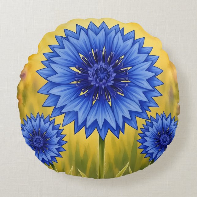 Radiant Petal: Cornflower Blue Round Cushion (Front)