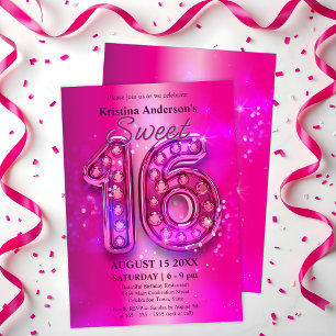 Radiant Pink Chic Sweet 16 with Glittering Jewels Invitation