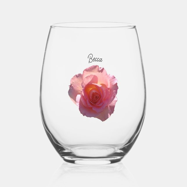 Radiant Pink Tea Rose Personalised Stemless Wine Glass (Front)