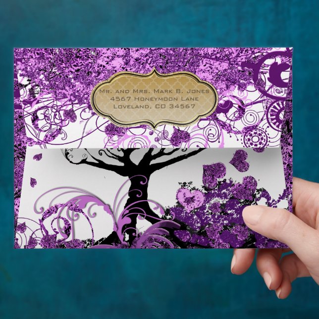 Radiant Purple Heart Leaf Tree Wedding Envelope (Hand)