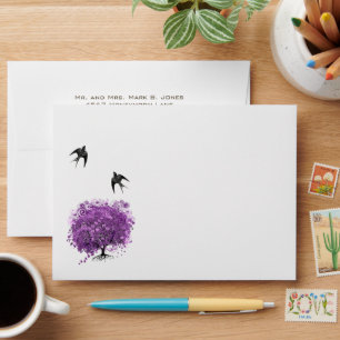Radiant Purple Heart Leaf Tree Wedding Envelopes