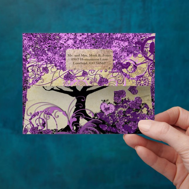 Radiant Purple Heart Leaf Tree Wedding Envelopes (Hand)