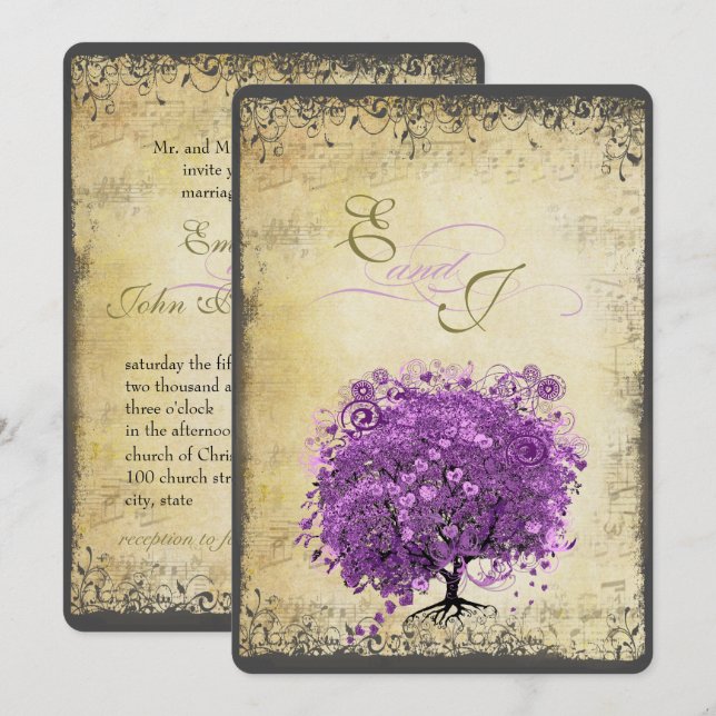 Radiant Purple Heart Leaf Tree Wedding Invitation (Front/Back)