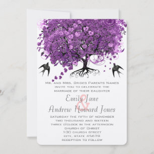 Radiant Purple Heart Leaf Tree Wedding Invitation