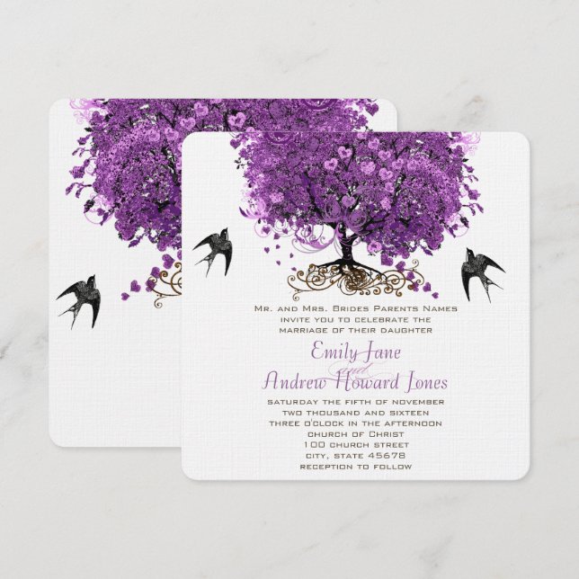 Radiant Purple Heart Leaf Tree Wedding Invitation (Front/Back)