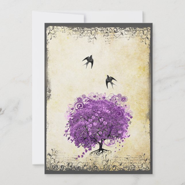 Radiant Purple Heart Leaf Tree Wedding Invitation (Front)