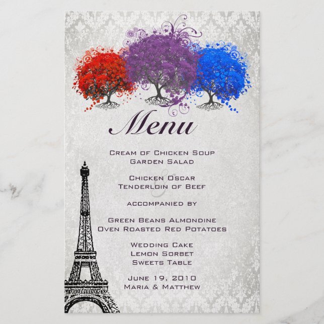 Radiant Purple Heart Leaf Tree Wedding Menu (Front)