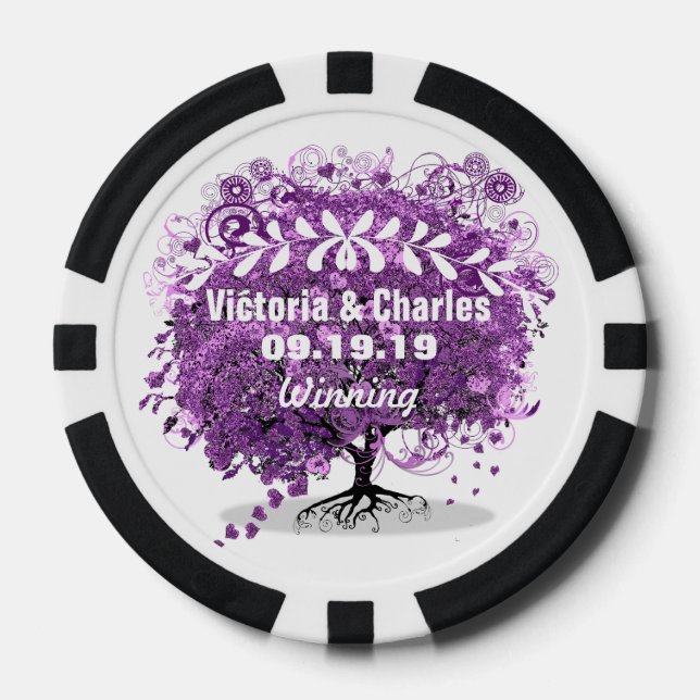 Radiant Purple Heart Leaf Tree Wedding Poker Chips (Front)