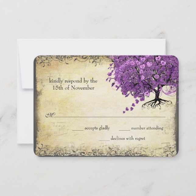 Radiant Purple Heart Leaf Tree Wedding RSVP Card (Front)