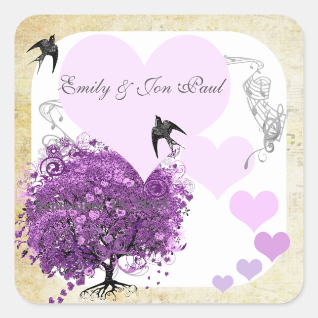 Radiant Purple Heart Leaf Tree Wedding Square Sticker (Front)