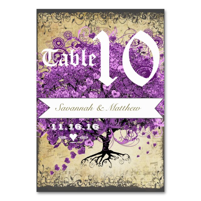 Radiant Purple Heart Leaf Tree Wedding Table Number (Front)